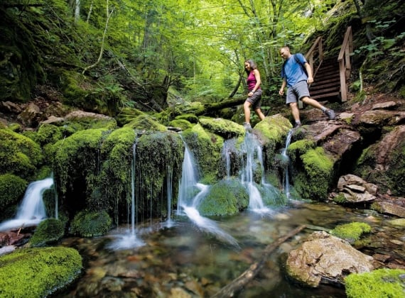 Two hikers pass by a small waterfall in a lush environment