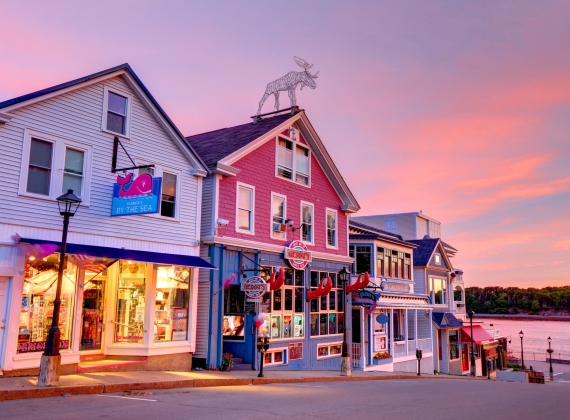A row of quaint shops at dusk