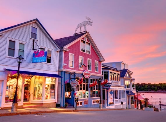 A row of quaint shops at dusk