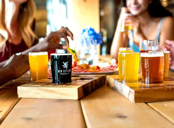 A group enjoying flights of beer and lunch in a sunny brewery.