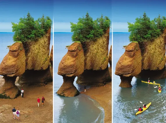 A series of three photos at Hopewell Rocks, showing the dramatic difference between low tide and high tide