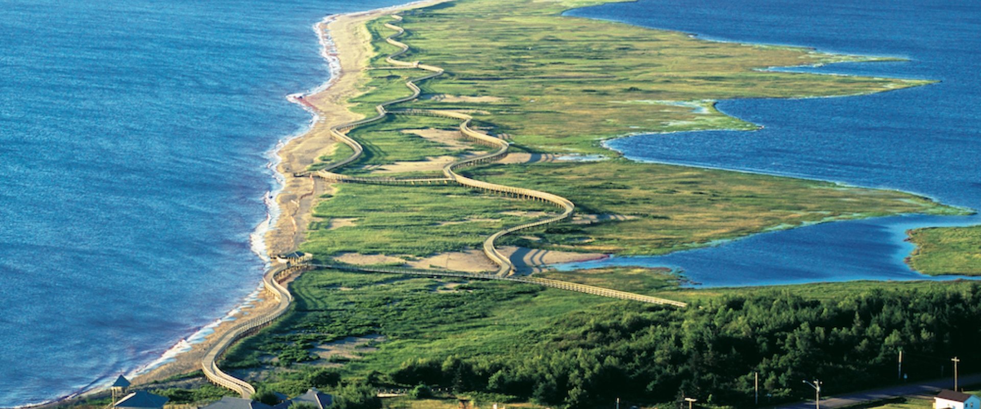 A winding road along a peninsula on the Acadian Coastal Drive